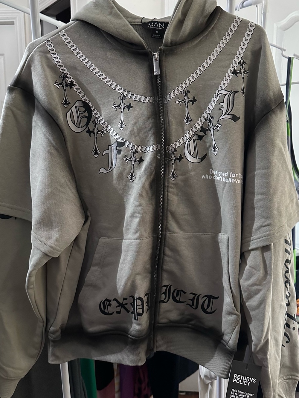 BoohooMAN Olive Green Zip-Up Hoodie with Gothic Chain & Cross Print
